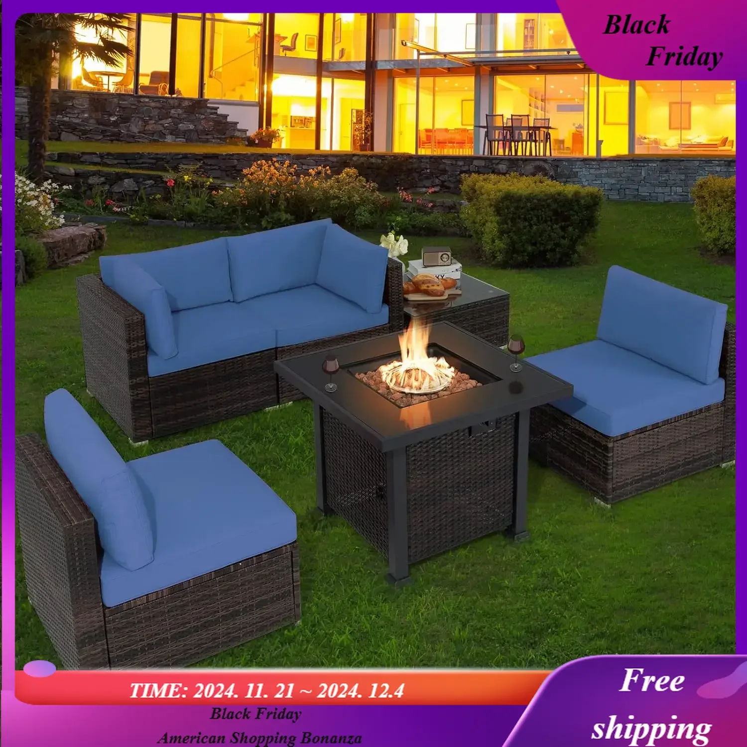 

Patio Wicker Conversation Set, Outdoor Rattan Sofa Set w/32” Propane Fire Pit TableTempered