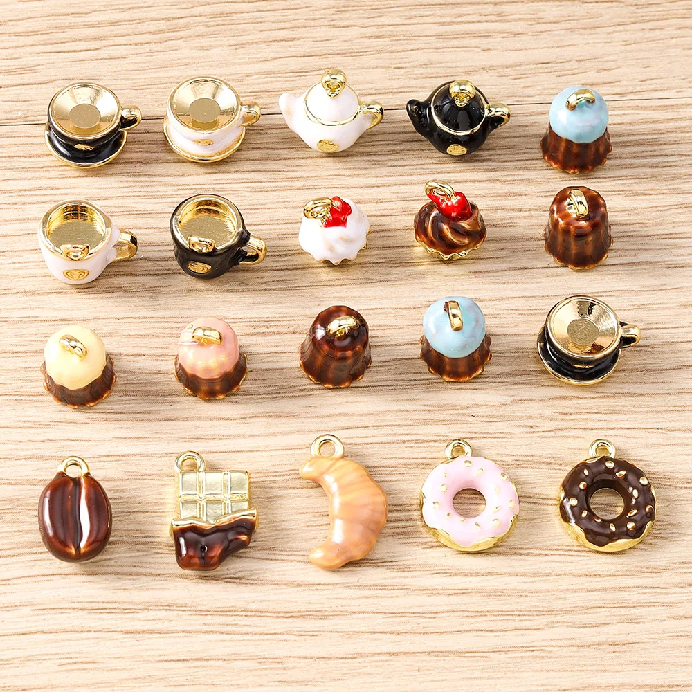 

5pcs/lot Cute Teapot Coffee Beans Donuts Charms Coffee Cup Cake Dangle Charm Beads Fit Original Bracelet Women Jewelry Gift
