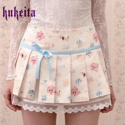 Harajuku Y2k Lolita Style Mini Skirt Fairy Grunge Women Kawaii Cartoon Print Bow Lace Pleated Skirt Gothic Girls Sexy Mini Skirt