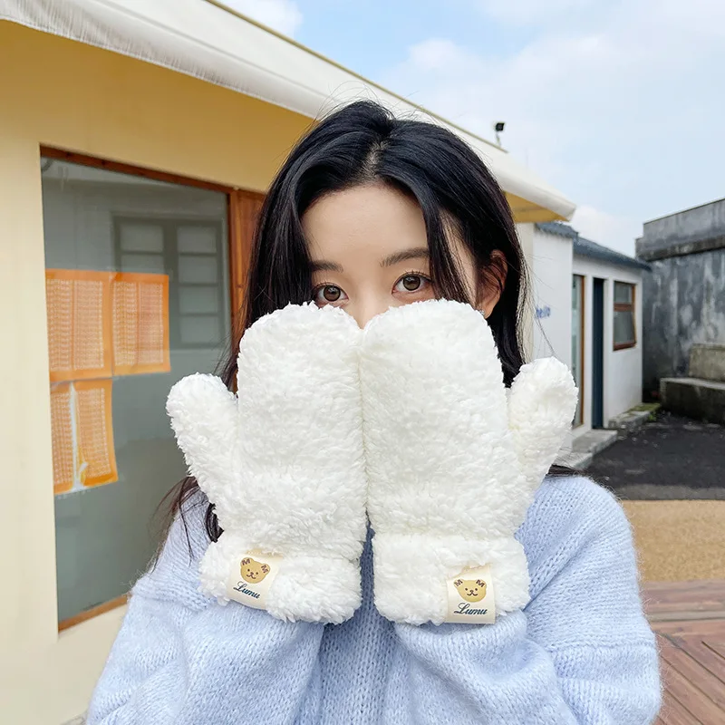 Women Winter Wool Fleece Cute Bear Label Gloves Girls Halter Neck Students Outdoor sport Riding Thickened Keep Warm Mittens