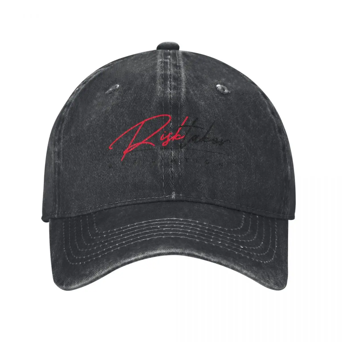 Red and Black Cursive Risktaker Affiliation Design Baseball Cap Snap Back Hat Beach Outing Ladies Men's