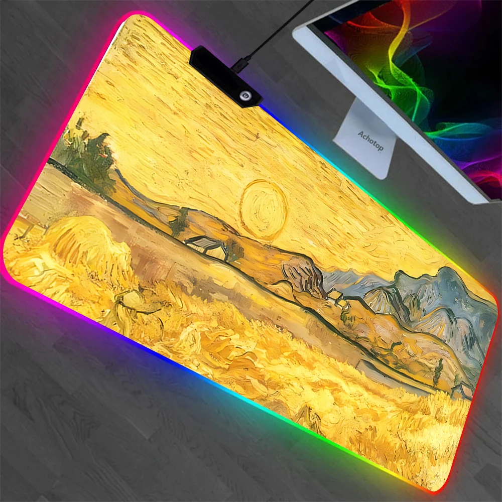 Alfombrilla de ratón con ilustraciones de Van Gogh RGB para Pc, alfombrilla de ratón con LED brillante, alfombrillas de goma para juegos de ordenador