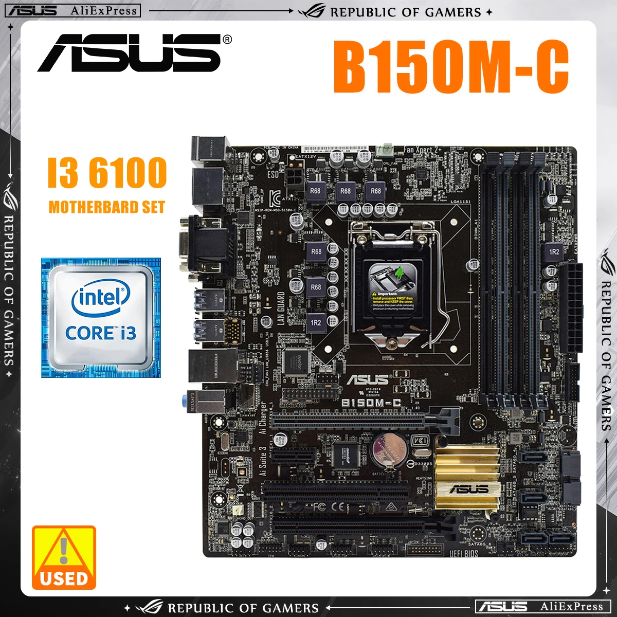 

Asus B150M-C + i3 6100, Used LGA 1151 Motherboard and CPU Combo, Supports Intel 6th Gen Core, 4x DIMM Max. 64GB, ATX Mainboard