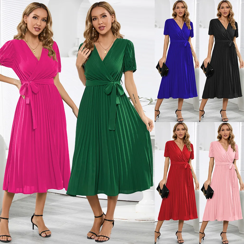 

Women V-neck Bubble Sleeve Pleated Skirt Women Slim Temperament Long Dress