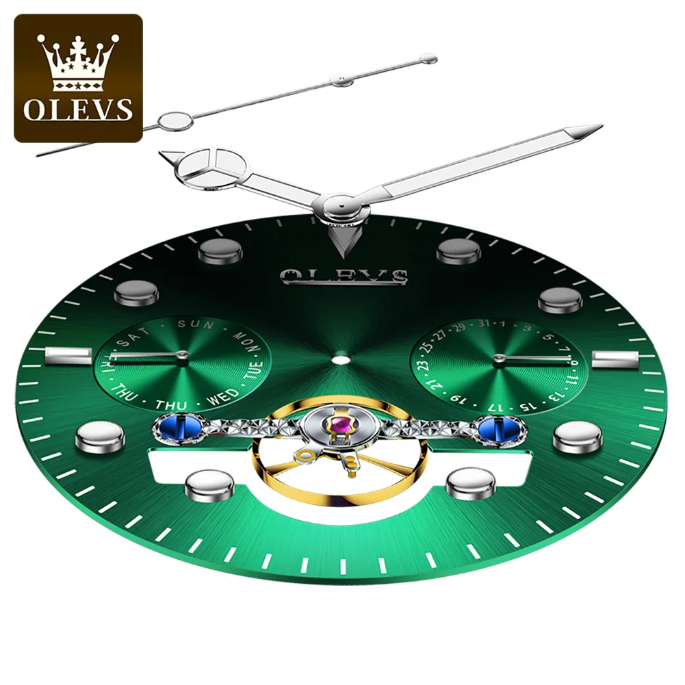 OLEVS Automatic Mechanical Watch for Men 42.8mm Big Dial Green Water Ghost Men\'s Wrist Watches Luxury Skeleton Noctilucent Watch