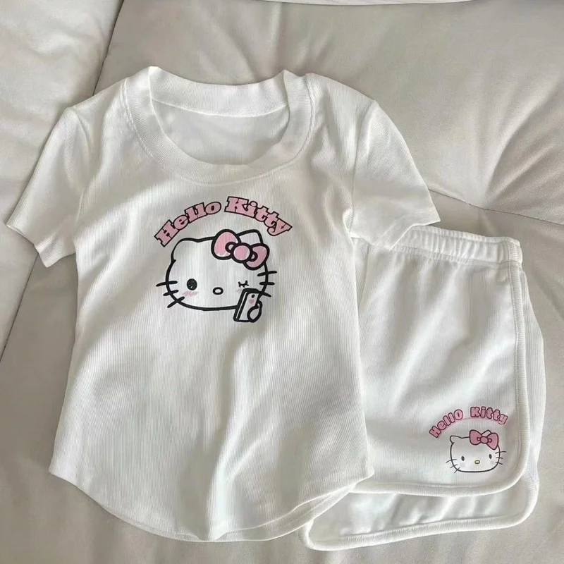 Zomer Nieuwe Hello Kitty Topshorts Met Korte Mouwen Dames Huiskleding Set Mode Y 2K Witte Kleding Streetwear T-Shirt Casual Pak