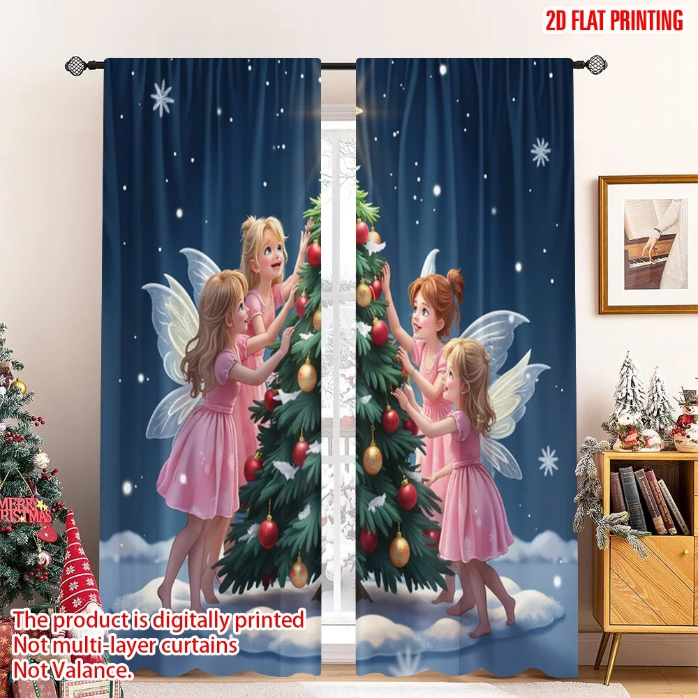 

2pcs 2D flat printing Merry Christmas Popular Window Curtains Fairies Decorating Christmas Tree Fabric Without Electricity 0 Use
