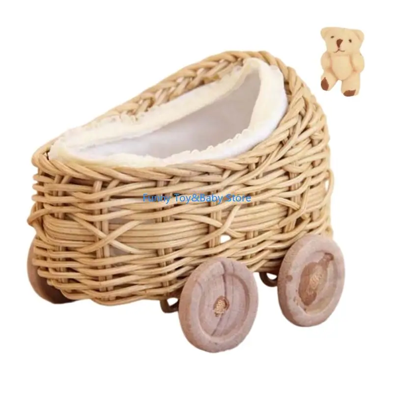 

Handwoven Rattan Miniature Stroller for Reborns Dolls Collectible Baby Pram Doll House Furniture Antique Design C90B