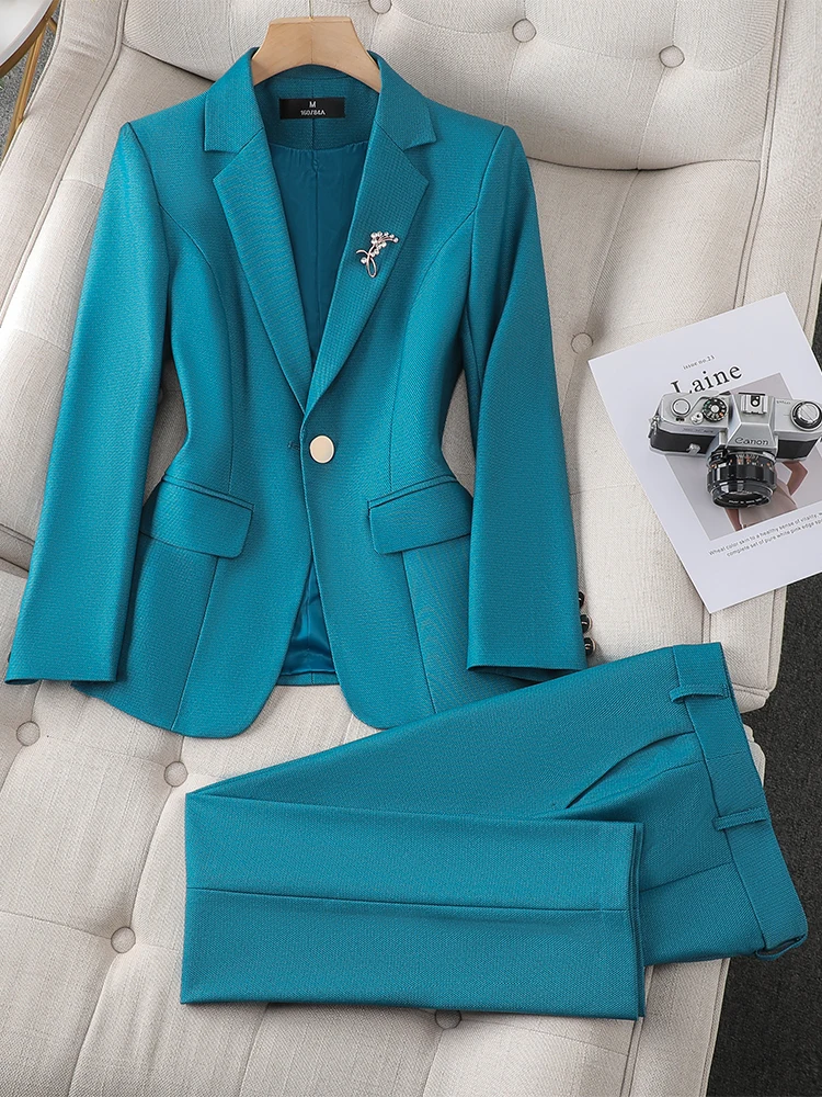 Ladies Blazer And Pant Suit Women Green Purple Blue Black Solid Formal Jacket Trouser Female Business Work Wear 2 Piece Set