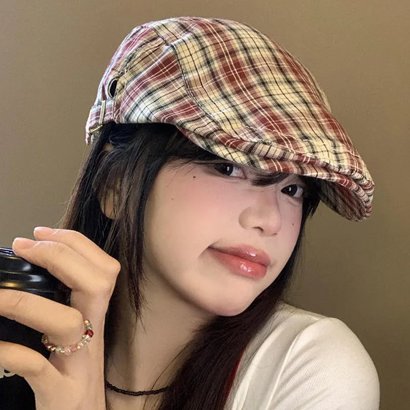 Frauen Neue Hut Nette Y2k Kappe Mode Retro Baskenmütze Hutmacher Mädchen Vielseitig Karierten Maler Hut Süße Coole Stil Kawaii kleine Kappe