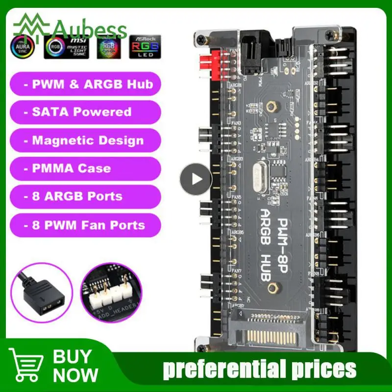 Fan Hub ARGB Controller 4Pin PWM Temperature Control 5V 3-Pin Synchronization Wireless Remote Control Chassis Fan Hub