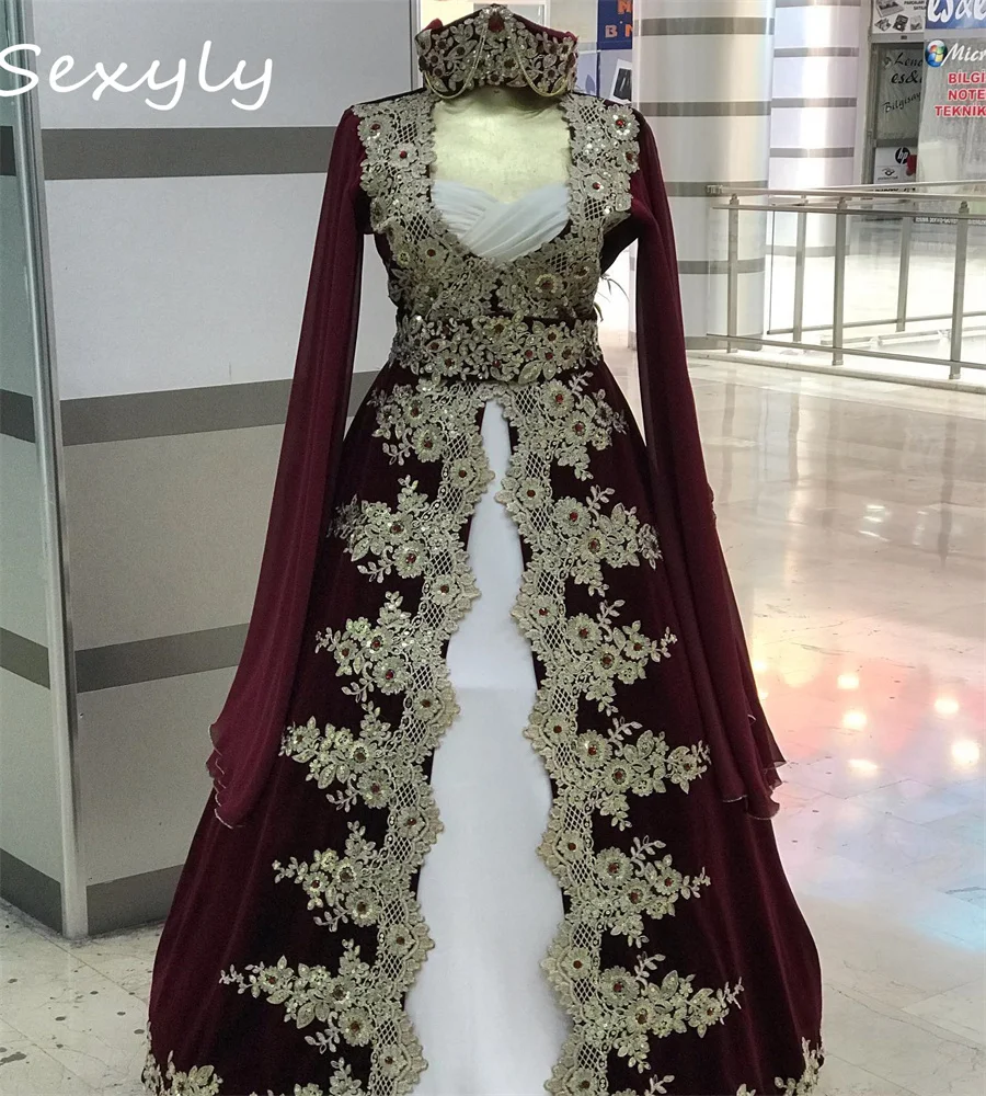 Elegant Burgundy Moroccan Wedding Dress Caftan Renaissance Celtic Turkish Bridal Gowns Long Sleeve War Bride Party Customized