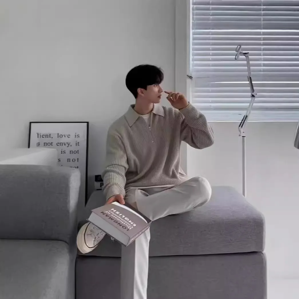 Mens Polo Collar Knit Sweater Oversized Half Zip Pullover Casual Lazy Style High Quality Warm Winter Clothing
