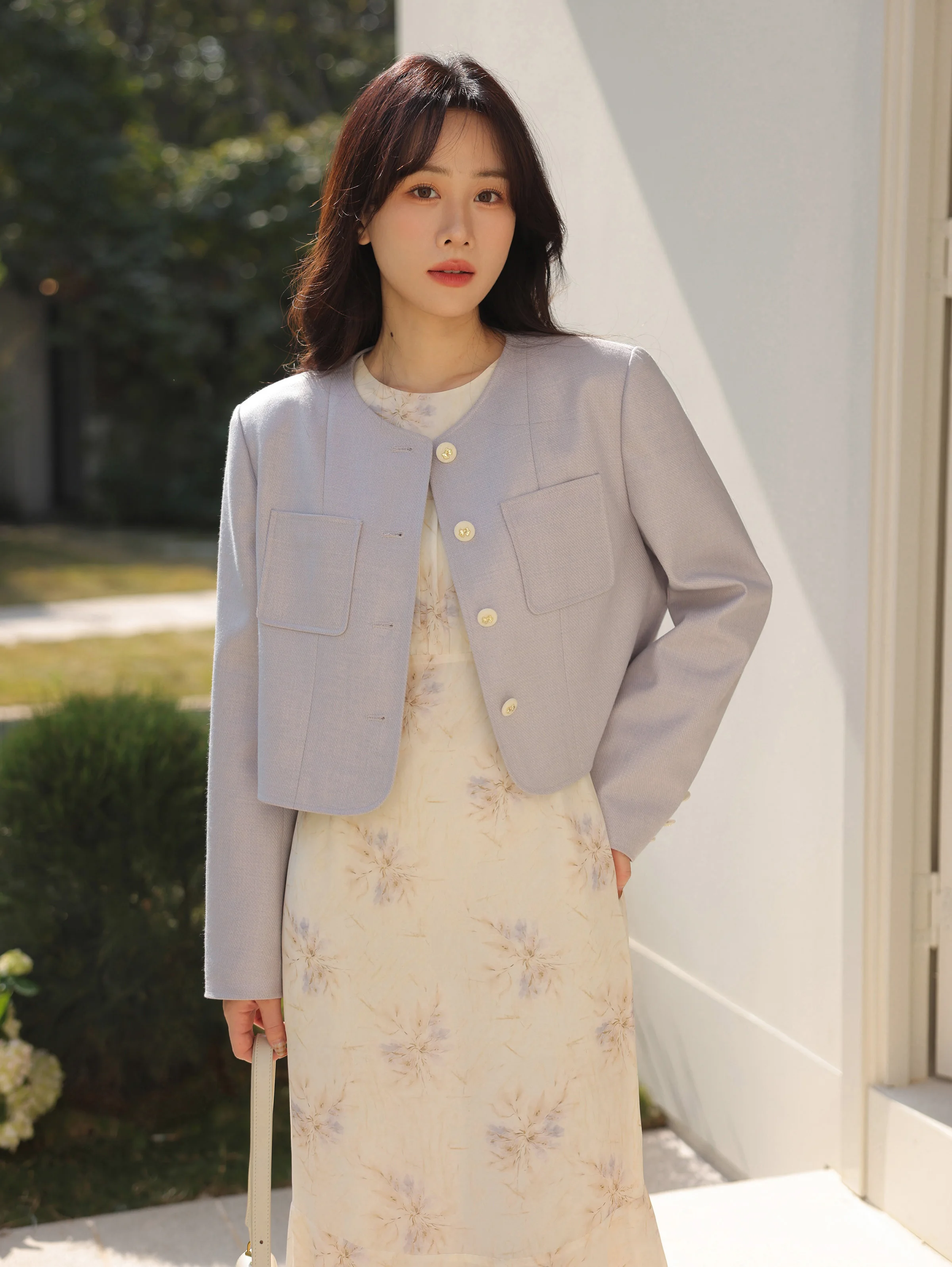 Elegant Cropped Tweed Jacket Women Spring Round Neck Slim Fit Short Coat Chic Korean Style High-End Petite Blazer Office Casual