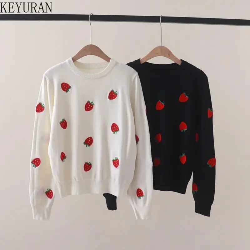 2024 Autumn Winter Strawberry Embroidery Sweater Women's New Style Crew Neck Long-Sleeved Pullovers Sweaters Outerwear Jumpers