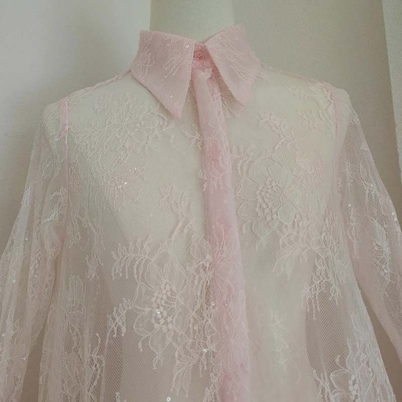 KBQ Solid Sheer Spliced ลูกไม้มินิเดรสเซ็กซี่สําหรับผู้หญิงแขนยาว Patchwork Ruffles พับชุดมินิหญิงแฟชั่น