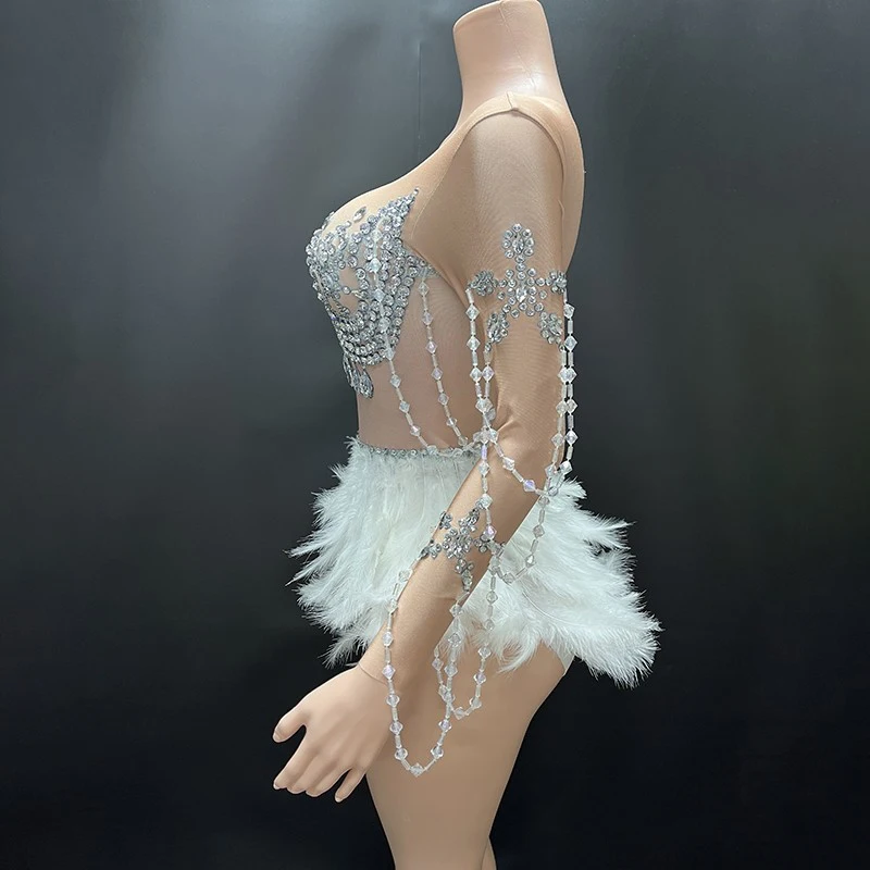 Robe de Soirée Sexy en Plumes et Strass pour Femme, Tenue de Pole Dance, Costume de Cosplay, d'Halloween, Bar, Ds, Dj, Tricot, Wlwear, XS8591