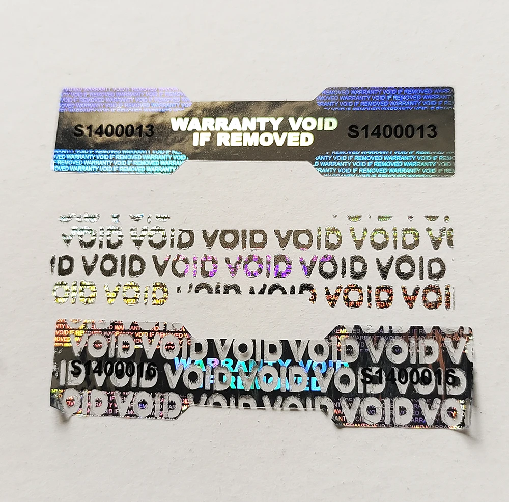 100 Stück 48 x 11 mm silberne Hologramm-Sicherheitssiegel mit einzigartiger Seriennummer VOID Left On Removal Dogbone Tamper Evident Label Sticker – Detail 2