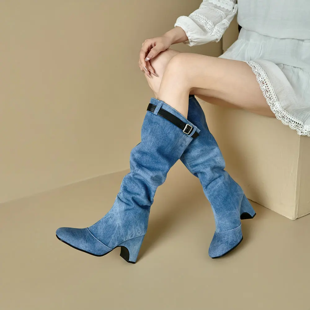 

Knee High Boots for Women Wide Calf Pull On Denim Booties Strange Style Heels Shoes Fall Winter New