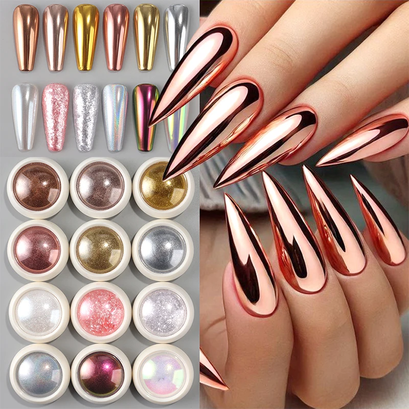 

12 шт., ретро розовое золото, серебро, металлик, зеркальная пудра для ногтей, жемчужно-белая Аврора, русалка, хромированный блеск, голографический кристалл, опал, хлопья, пыль
