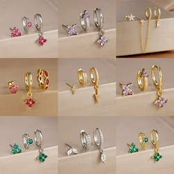 3PCS Gold Plated Lightning Flower Chain Drop Earrings Set for Woman Stainless Steel Zircon Dangle Earring Piercing Jewelry