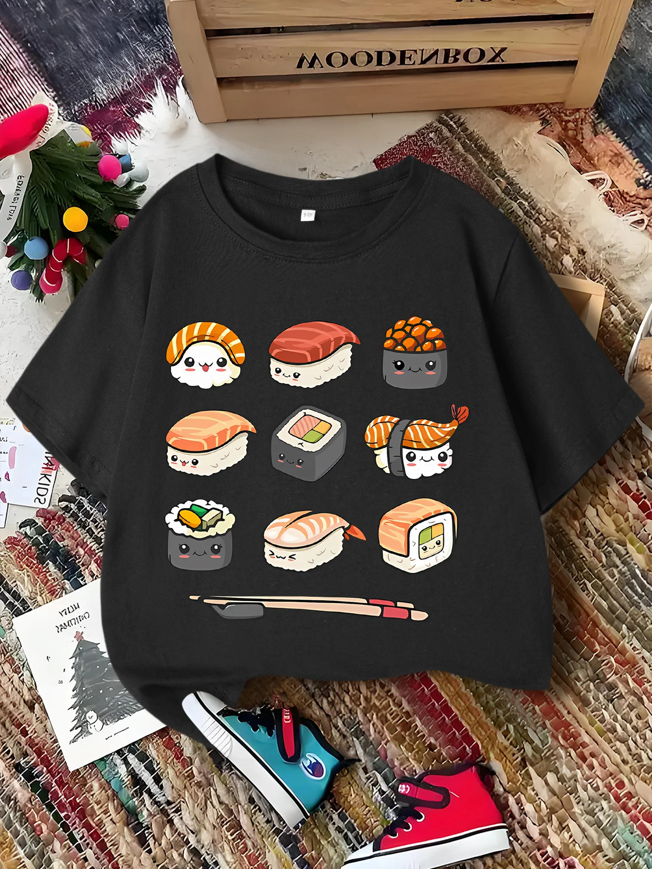 Cute Sushi Cartoon Pattern Print Boys Girls Family Matching Tee Soft Kids Parent Short Sleeve Daily Casual Comfort T Shirt