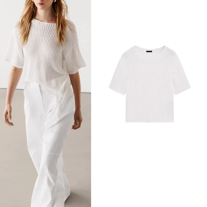 

MD Women's New Cold White Noise Knitwear round Ne ort Sve Semi-Transparent Summer Faion Polyester Fiber Regular Length