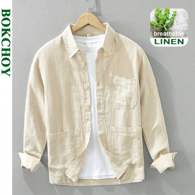 2024 Spring New Vintage Simple Long Sleeve Shirts for Men Clothing Casual Ramie Cotton Fresh Turn-down Collar Soft CM7205