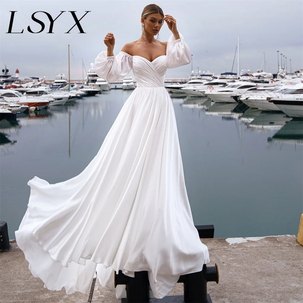 LSYX vestido de novia de gasa plisado con hombros descubiertos, mangas abullonadas largas bohemias, cremallera en la espalda, línea A, escote Corazón, tren de corte, vestido de novia