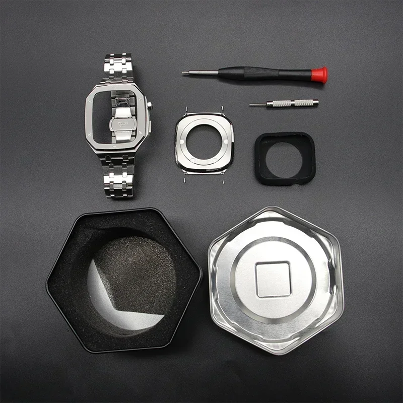 Luxury Metal Modification Kit for Apple Watch 9 8 7 45 44mm Stainless Steel Strap for Iwatch Series 6 5 4 3 SE Bezel Frame Band