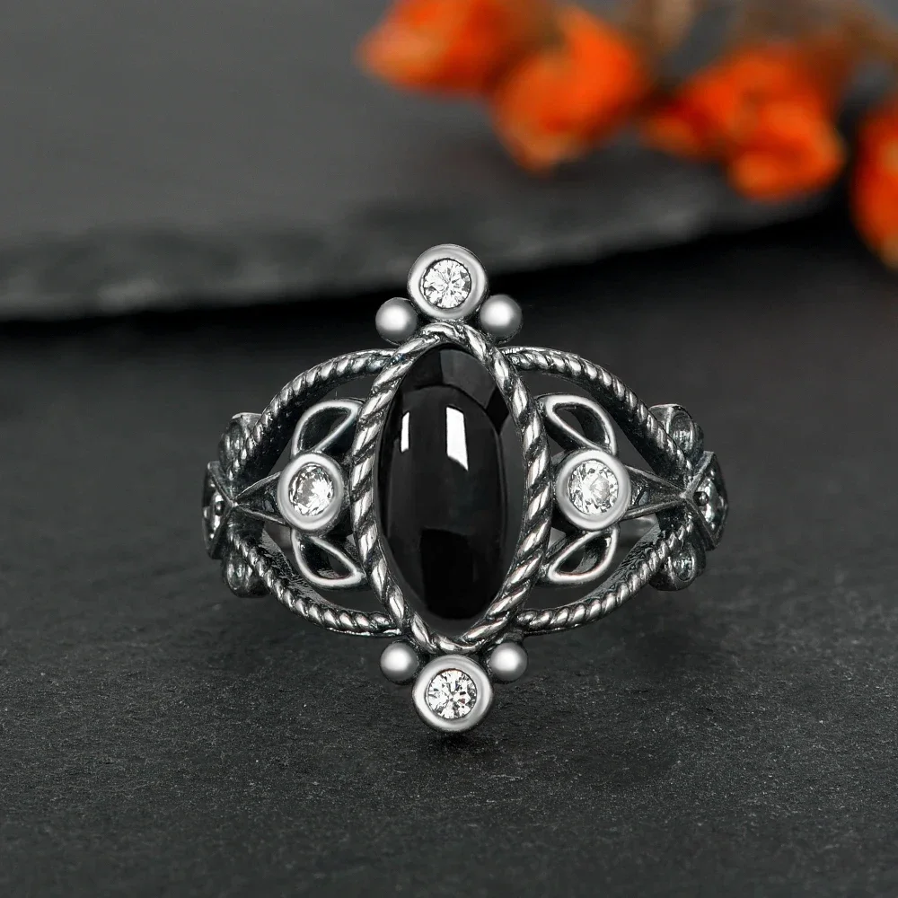 925 Silver Vintage Ring Natural Black Agate Denier Type Horse Eye Design for Women Exquisite Packing Gift  Fine ring