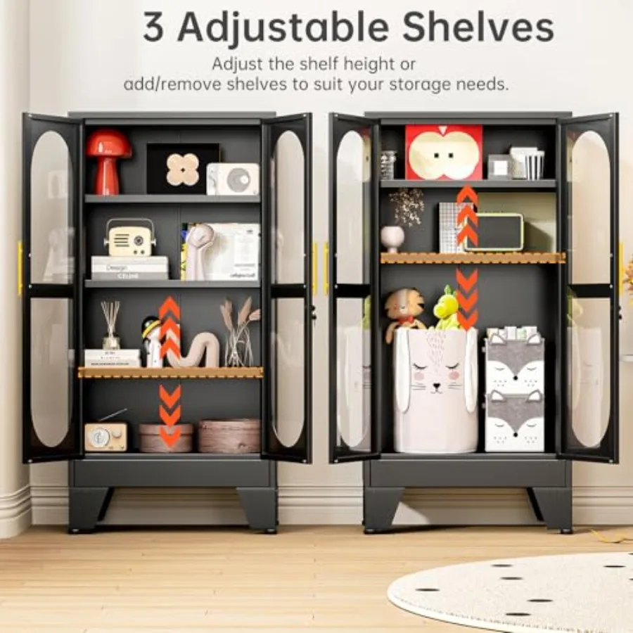 47 H Locking Display Cabinet for Living Room/Bedroom/Kitchen/Bar, Black Metal Curio Cabinet with Glass Door, 3 Adjustable Shelv view 5