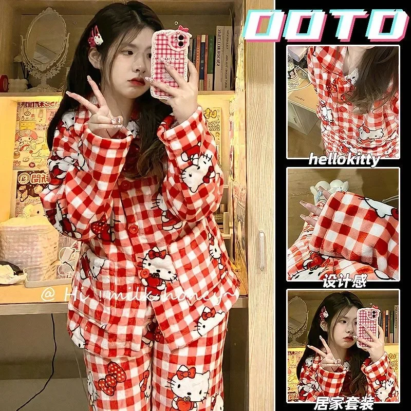 Hello Kitty girl cute coral velvet pajamas winter new plus velvet thickened large size fat MM cartoon fashion kawaii home suit