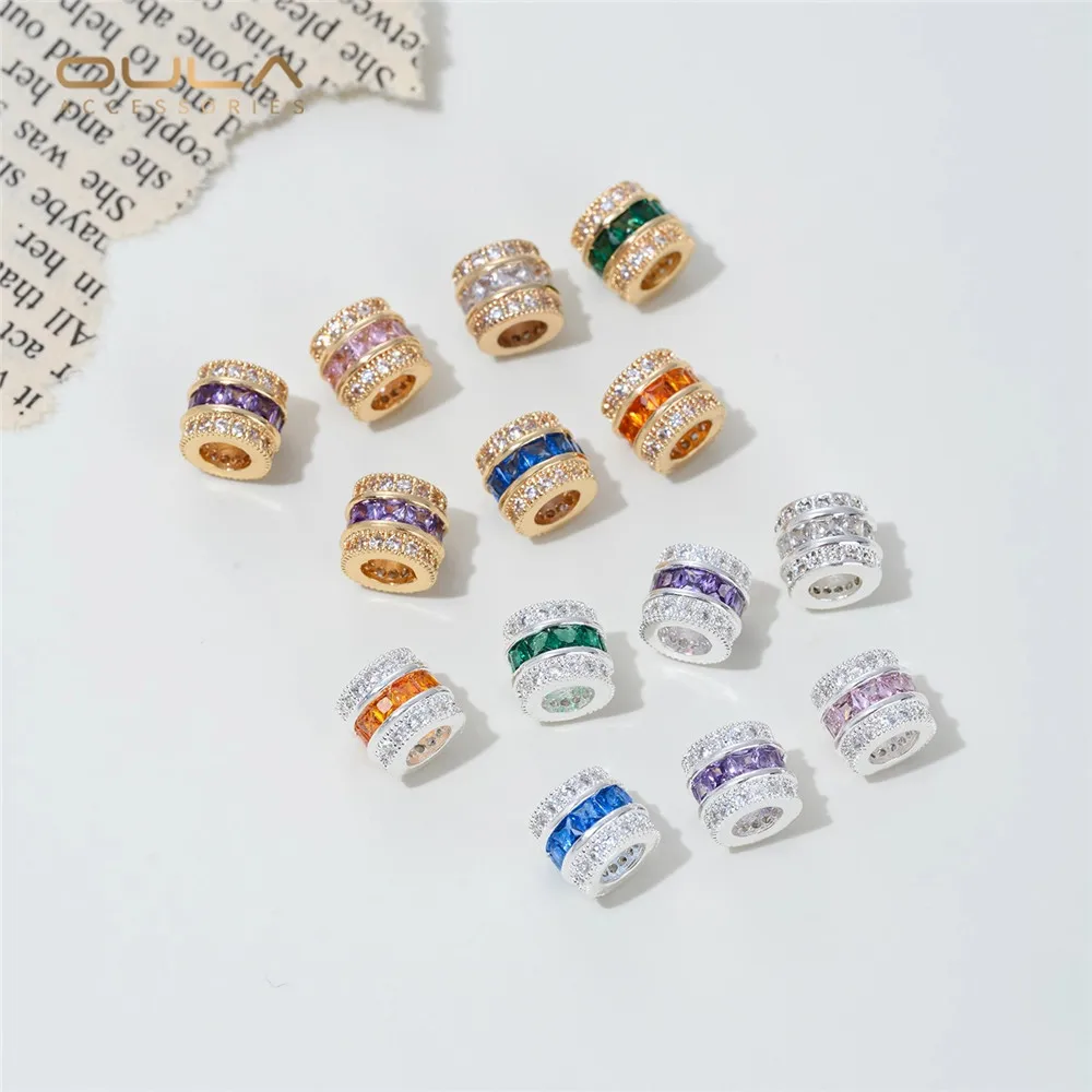 14K Gold-plated Thick Silver Inlaid Zircon Wheel Large Hole Partition Beads Bucket Beads Diy Beaded Bracelet Necklace Accessory