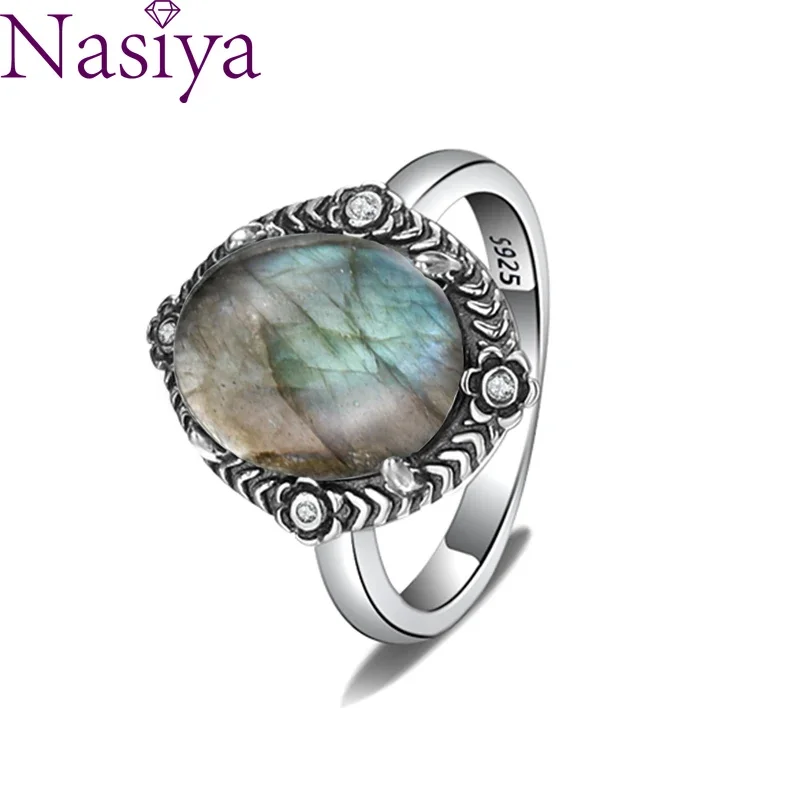 Silver Rings Natural Turquoise Ring 10*12MM Moonstone Labradorite Vintage Ring Wholesale Fine Jewelry Gifts for Women
