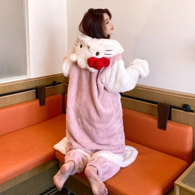 Anime Hello Kitty 2Pcs Plush Pajamas Night-Robe Suit Sanrioed Kawaii Kuromi Homewear Winter Long Style Thickened Nightgown Pants