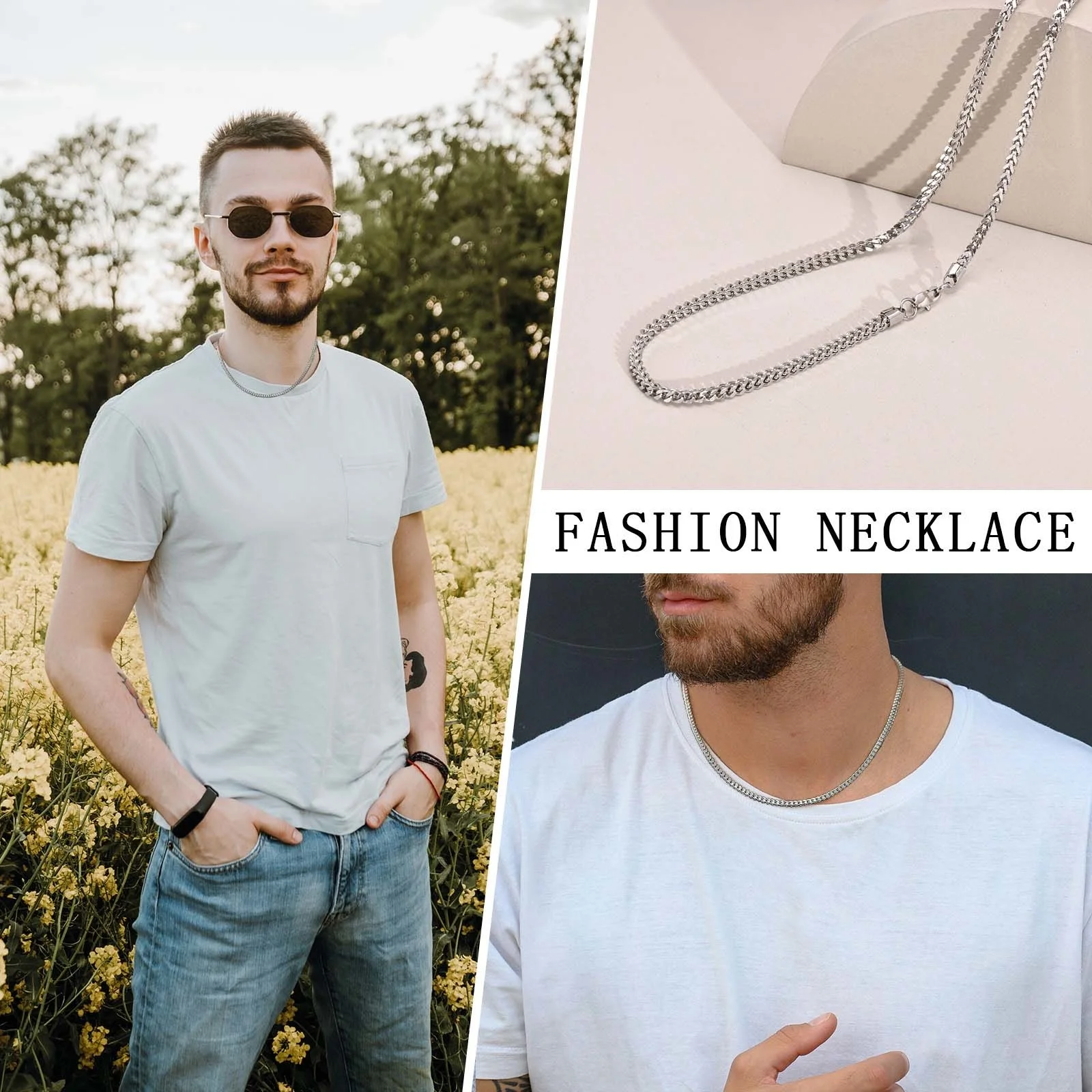 Franco Kette Halskette für Männer Jungen, 3mm dicke Edelstahl Halskette, männliche Kette Schmuck Geschenke – Detail 1