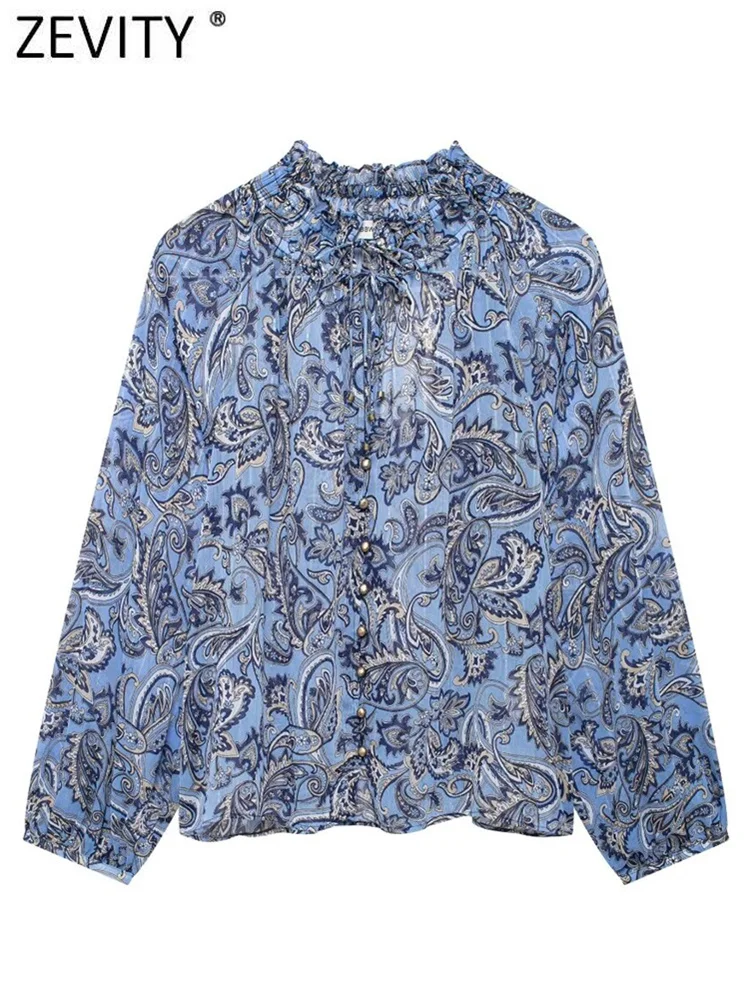 Zevity Women Vintage Totem Paisley Floral Print Chiffon Blouse Female Pleated Ruffles Stand Collar Shirt Blusas Chic Tops LS7239