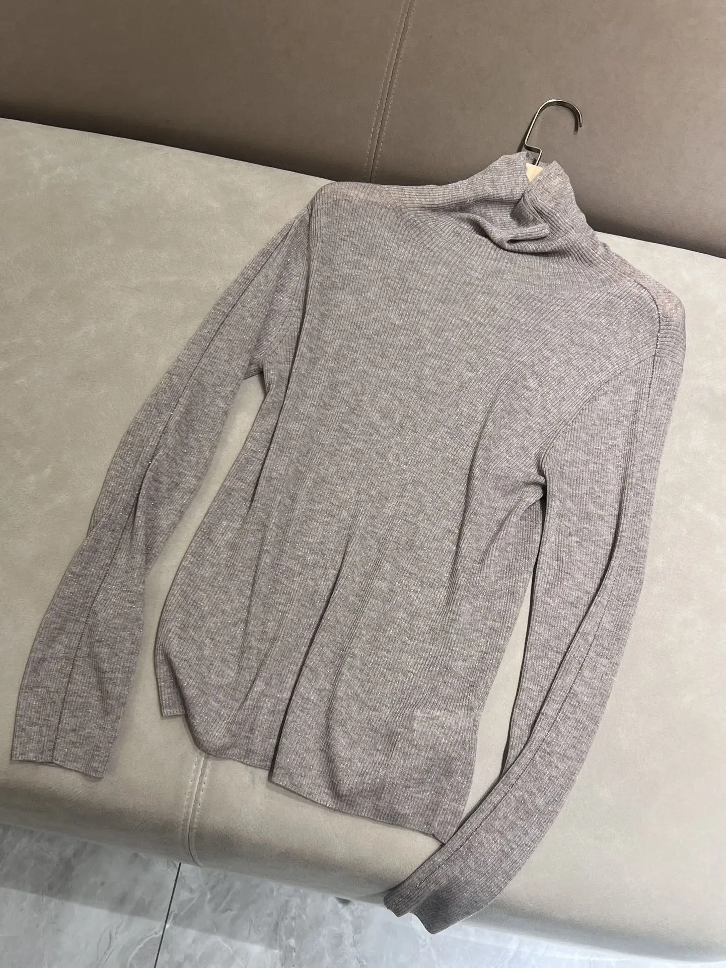Autumn B*C Women\'s Ultra-thin High-Necked Wool Bottoming Shirt Long-sleeved Knitted Sweater Sparkling Pullover