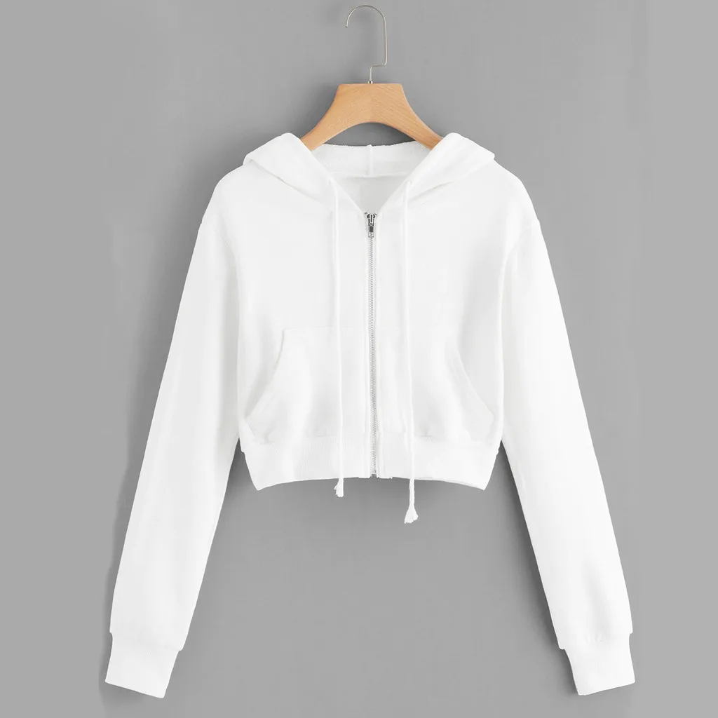 Sweat-Shirt à Capuche Blanc pour Femme, Haut Court Décontracté, Couleur Unie, Manches sulf, Fermeture Éclair, Poche