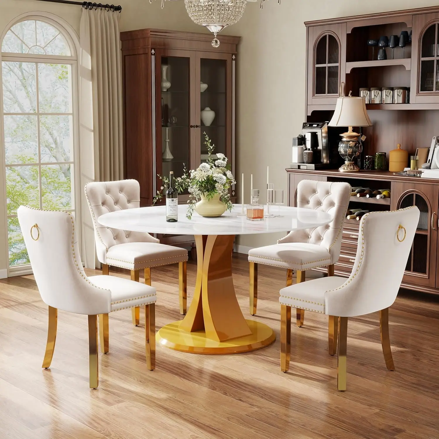 5-Piece Dining Table Set with 47In Faux Marble Table and 4 Velvet Upholstered Chairs, Modern Scandinavian Furniture, Customized