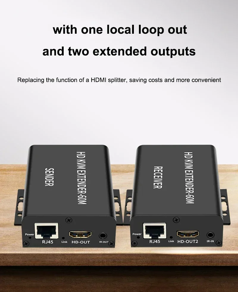 60M HDMI KVM Extender Over Cat6 Ethernet Cable Video Transmitter and Receiver Sender Support USB Keyboard Mouse One Side Power