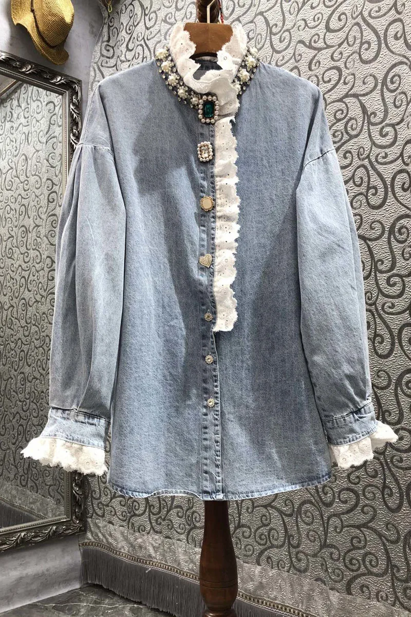 Donne di lusso diamanti perline cuciture in pizzo camicie di Jeans blu primavera strass Jeans camicetta Cardigan monopetto top