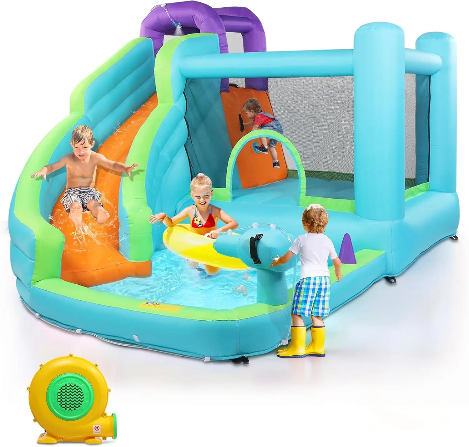 

Jump Bounce House with 350W Air Blower, Inflatable Water Slide for Backyard, Lawn, Outdoor Bouncy Castle W/Pool Area, Climbing W