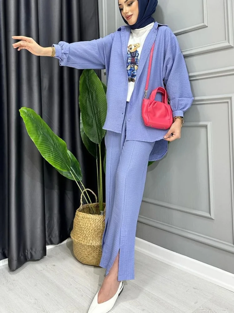 Women Eid Muslim Sets Single Breasted Two Pieces Cardigan Ensemble Kaftan Button Blouses Wide Leg Pants Arab Sporty Loose