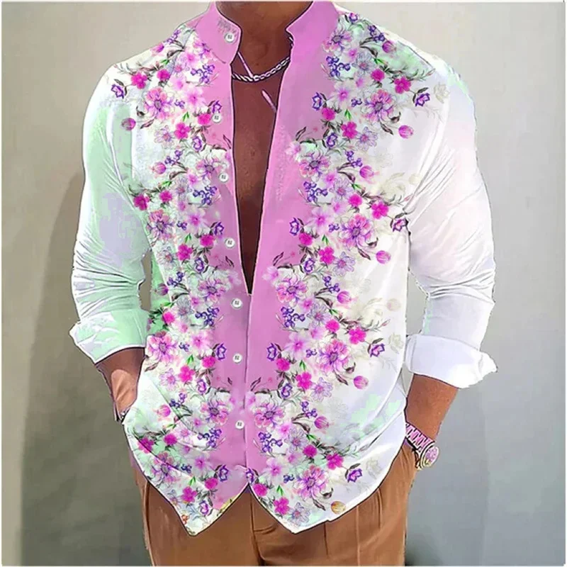 Fashionable European and American men's casual gradient color selection shirts, long sleeved shirts, slim fit stand up collar fa