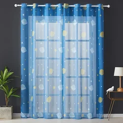1 Panel Blue Cartoon Kids Curtain Star Planet Print Tulle Sheer Curtain for Boys Room Dream Window Decoration Grommet Top Drapes