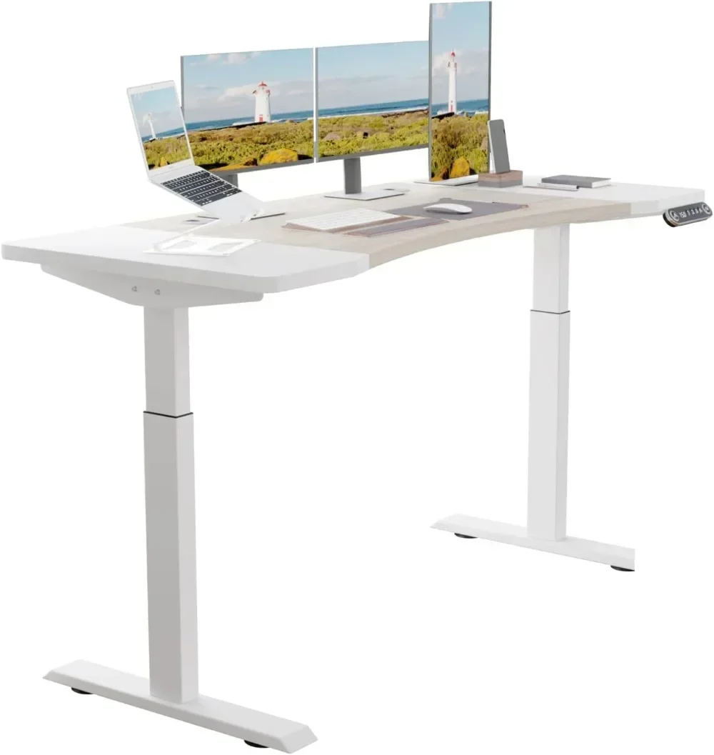 Dual Motor 63x30 Height Adjustable Electric Standing Desk Height Stand Up Desk with Splice Board White Top White Frame