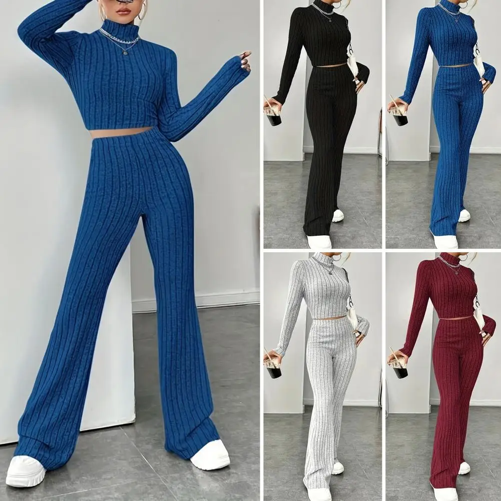 Autumn Winter 2 Pieces Women's Outfit Sets Knitted Tracksuit Half Turtleneck Sweater and Wide Leg Jogging Pants Suits