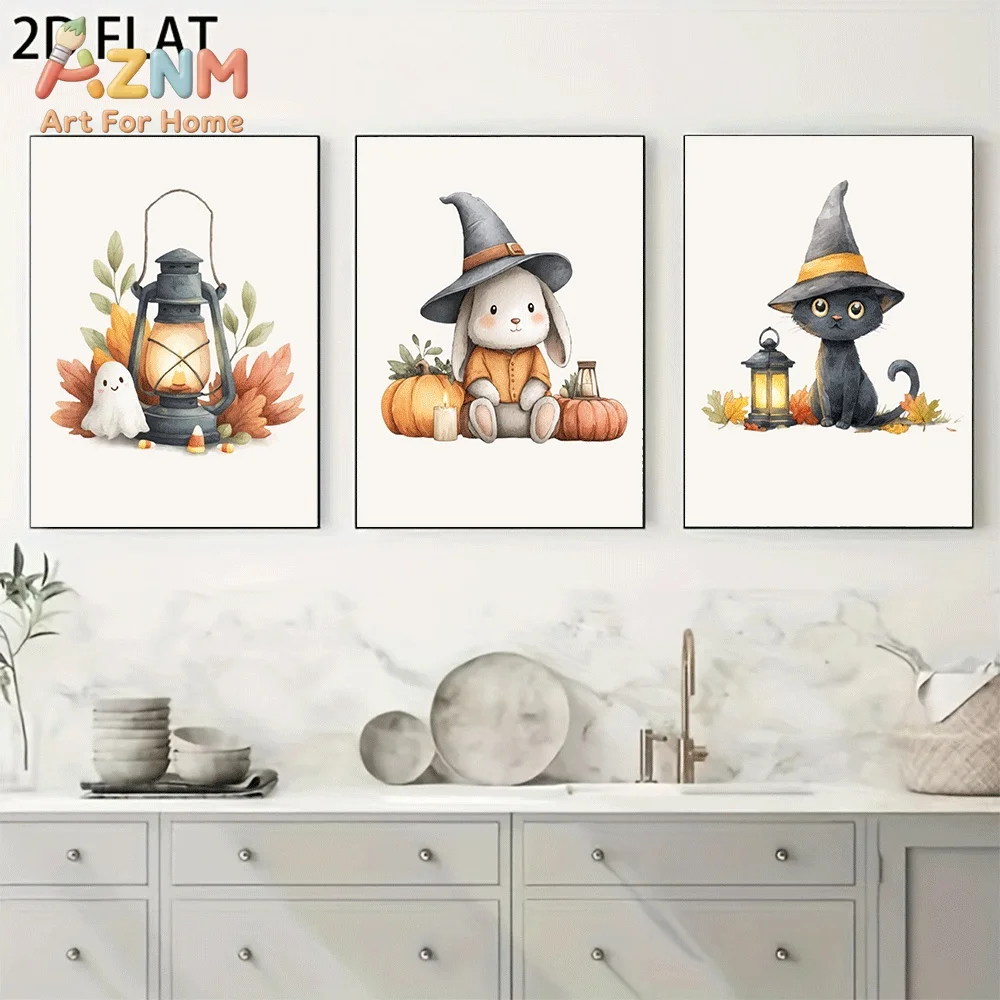 AZNM Watercolor Halloween Animal Canvas Wall Art, Cute Witch Bunny Black Cat Little Ghost Pumpkin Vintage Lantern Autumn Fall Fe